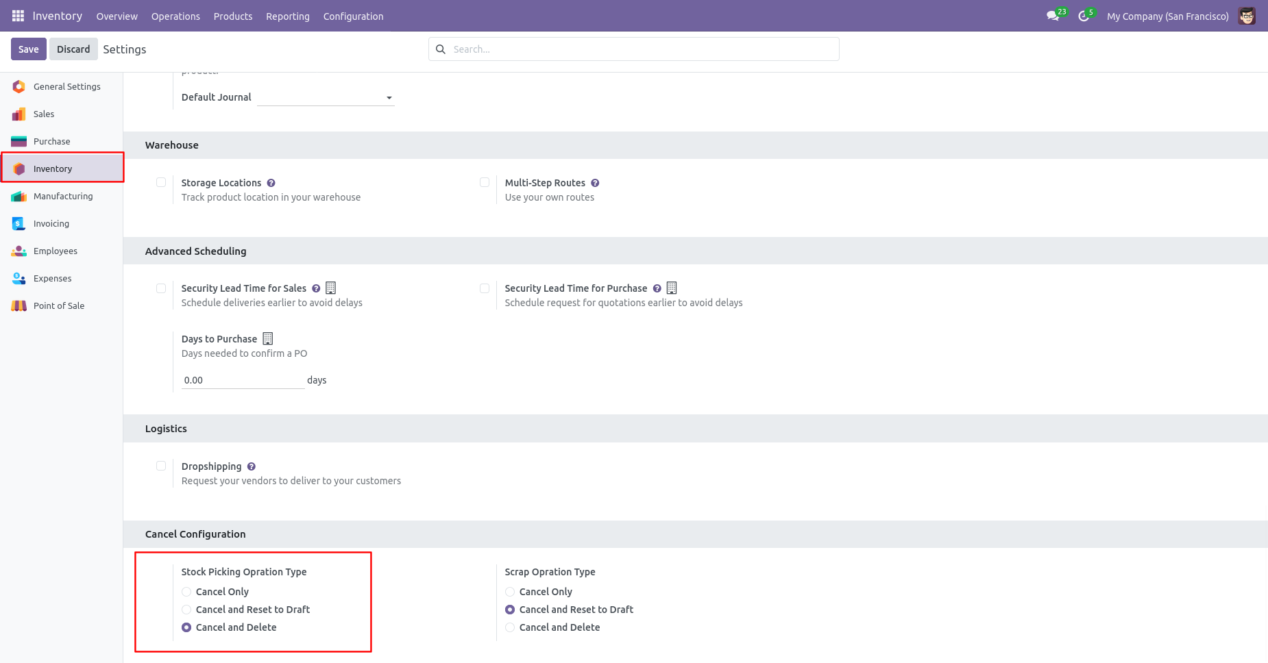 Inventory transfer cancellation and delete configuration