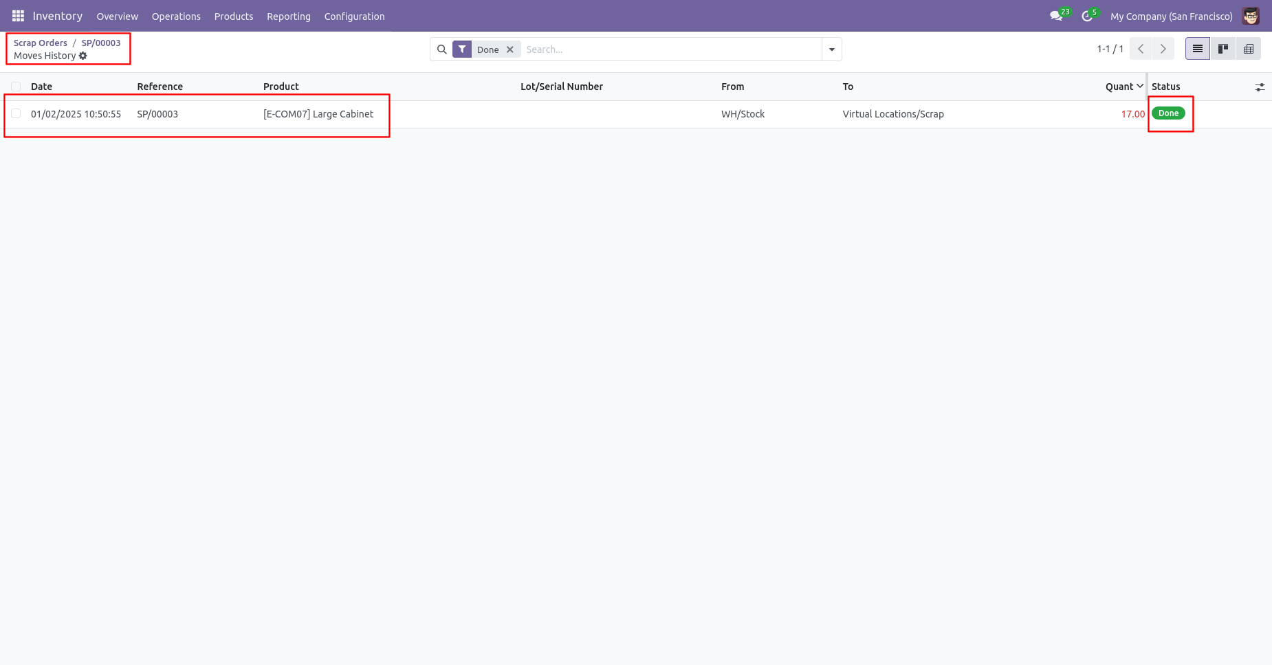 Completed scrap order move history