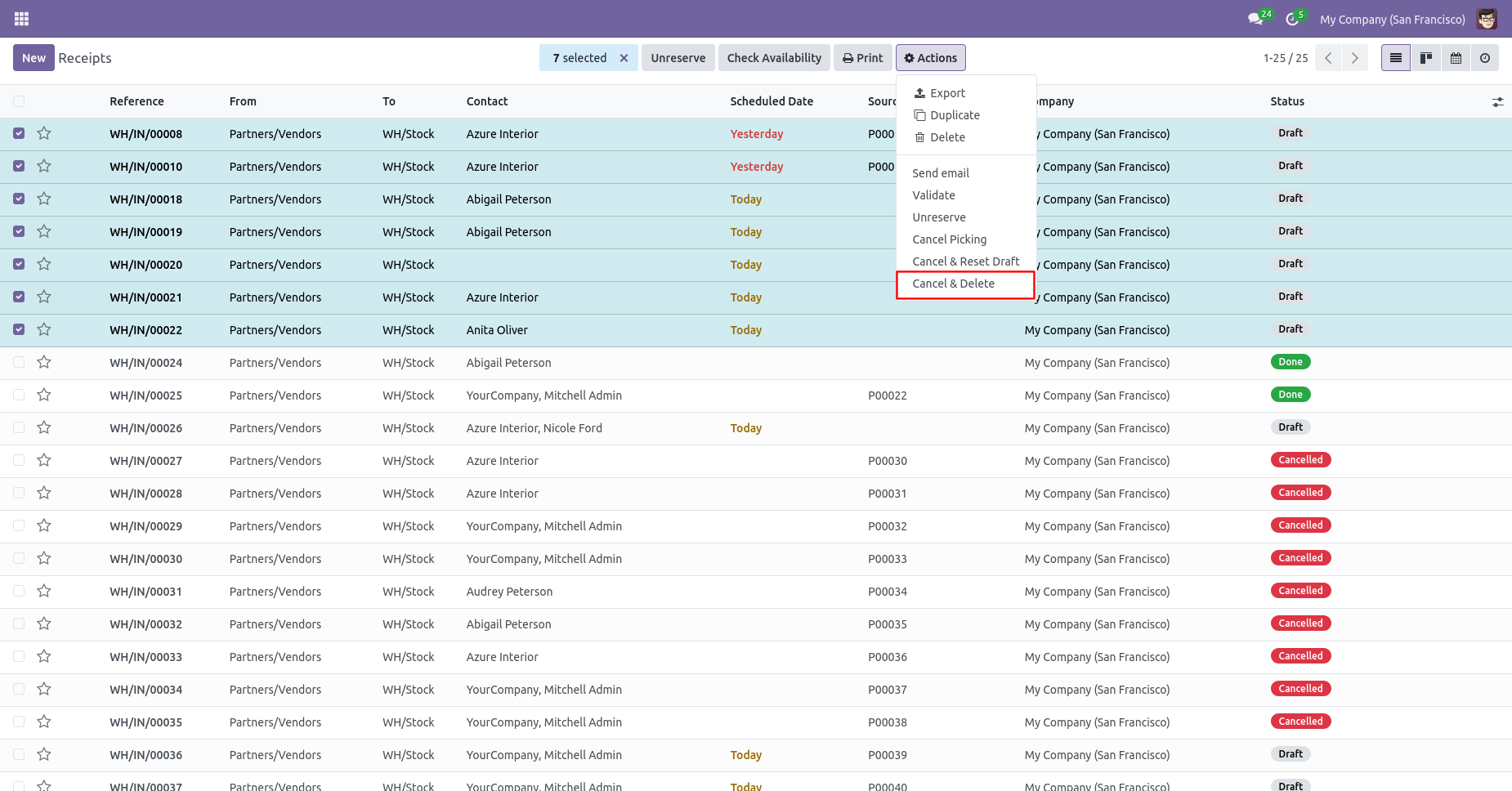 Cancel and delete multiple inventory transfers