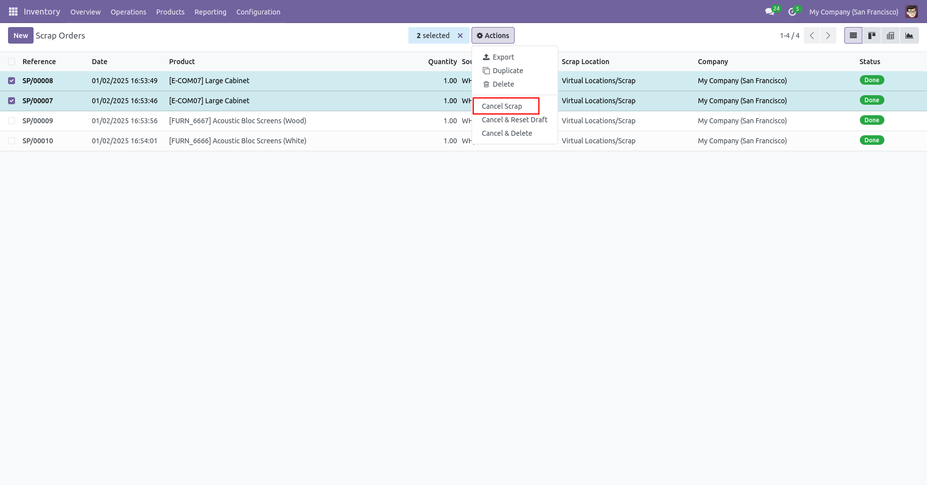 Multiple scrap orders selected