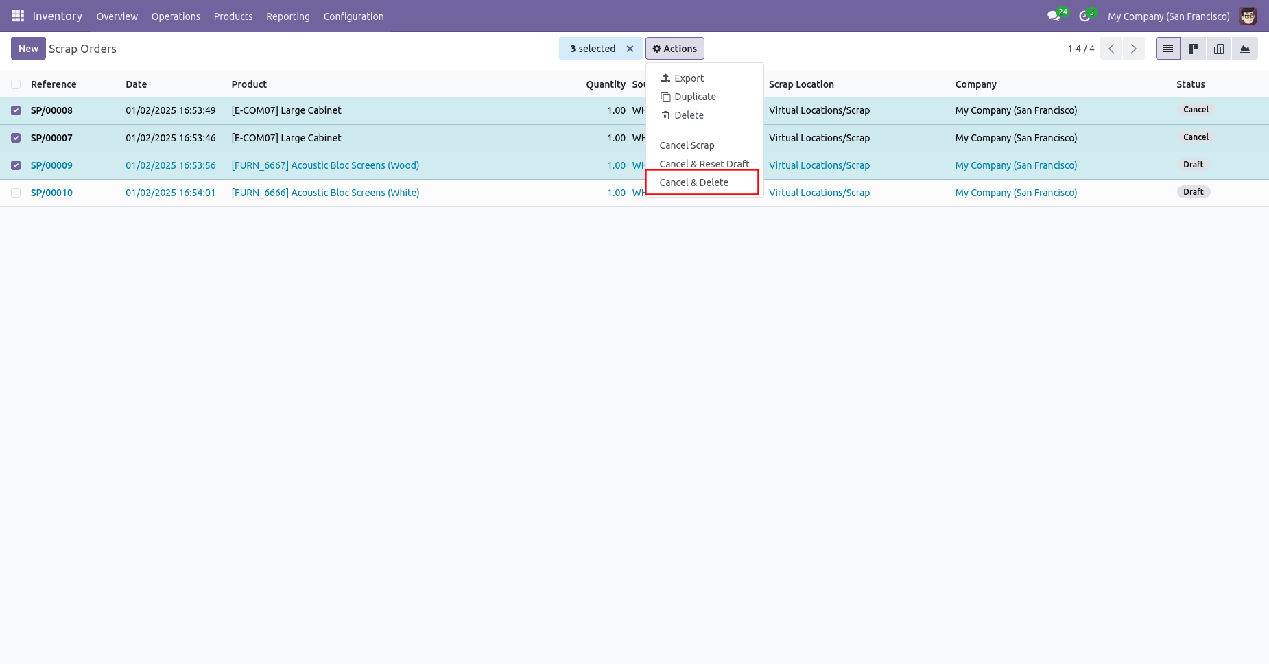 Cancel and delete multiple scrap orders