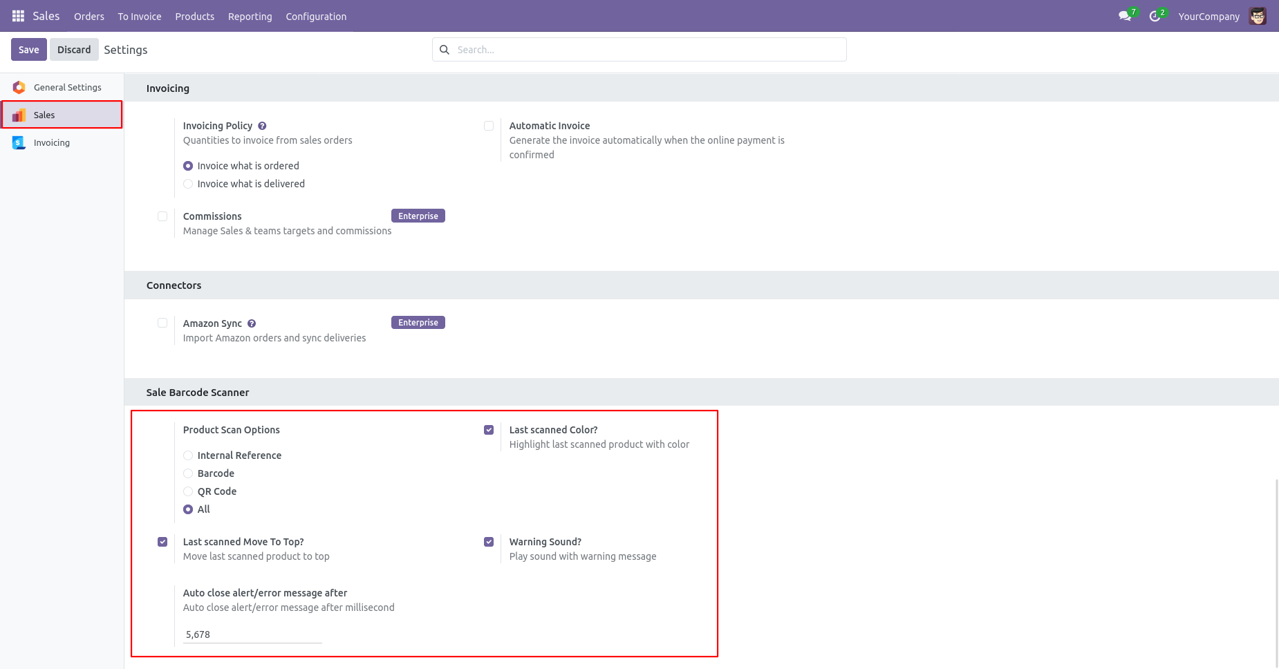 Sales setting to enable barcode or QR code scanning for products
