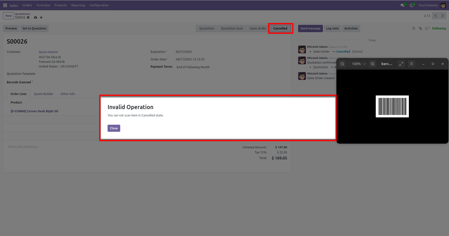 Invalid Operation error when scanning barcode on a cancelled sale order