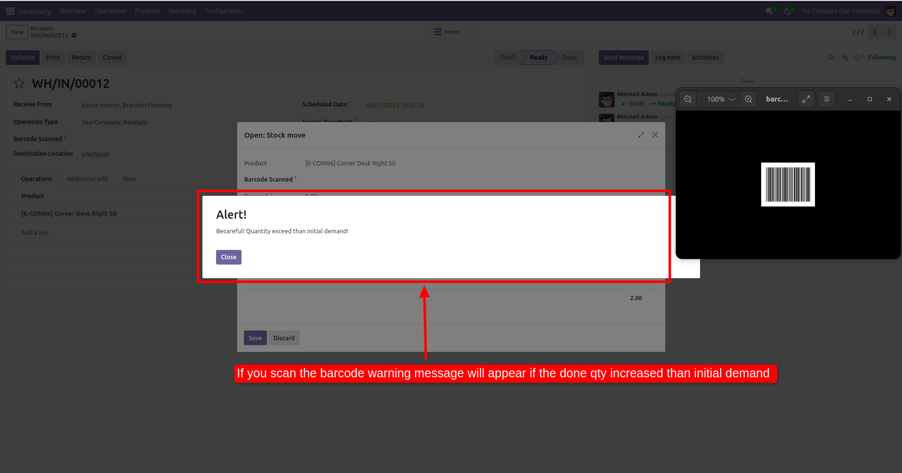 Warning shown when scanned quantity exceeds the initial demand