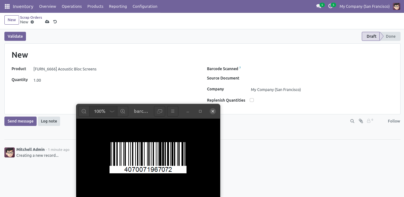 Barcode scan adds product to scrap order with quantity 1