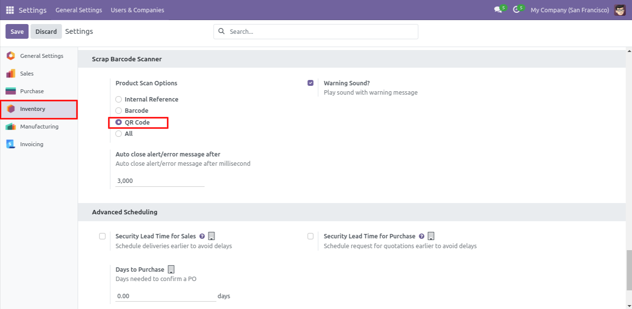 Scrap settings with QR Code selected as scan option
