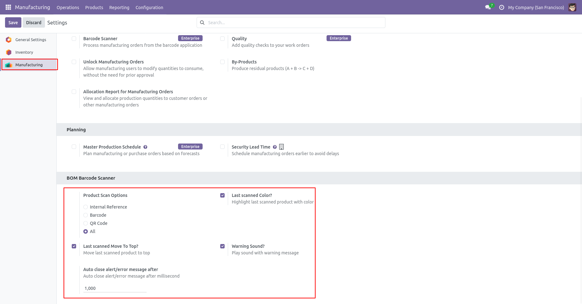 Manufacturing settings to scan products by barcode, QR code, or reference