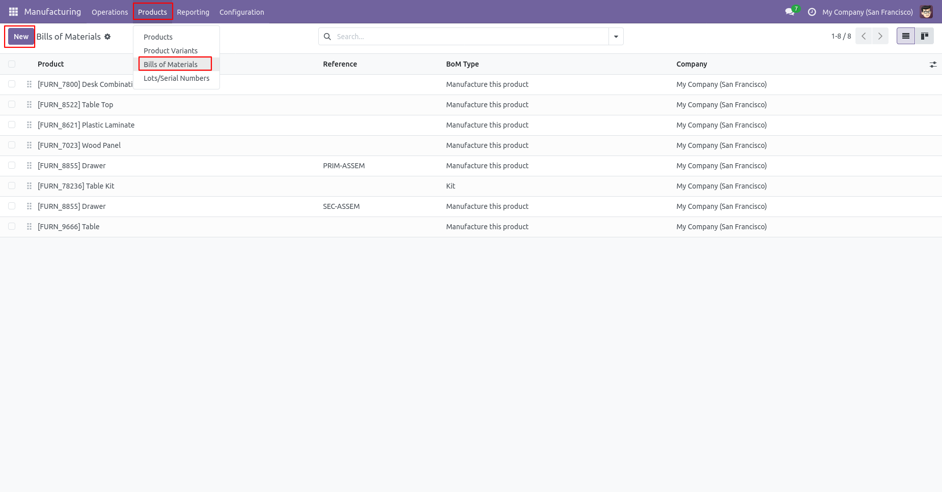 Bills of Materials menu and list view in Manufacturing