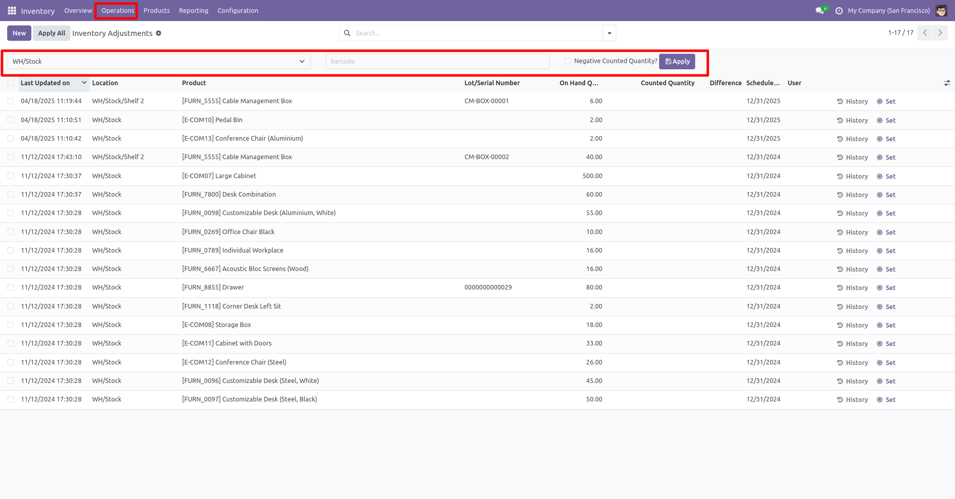 Select a location and scan barcode to apply inventory adjustment