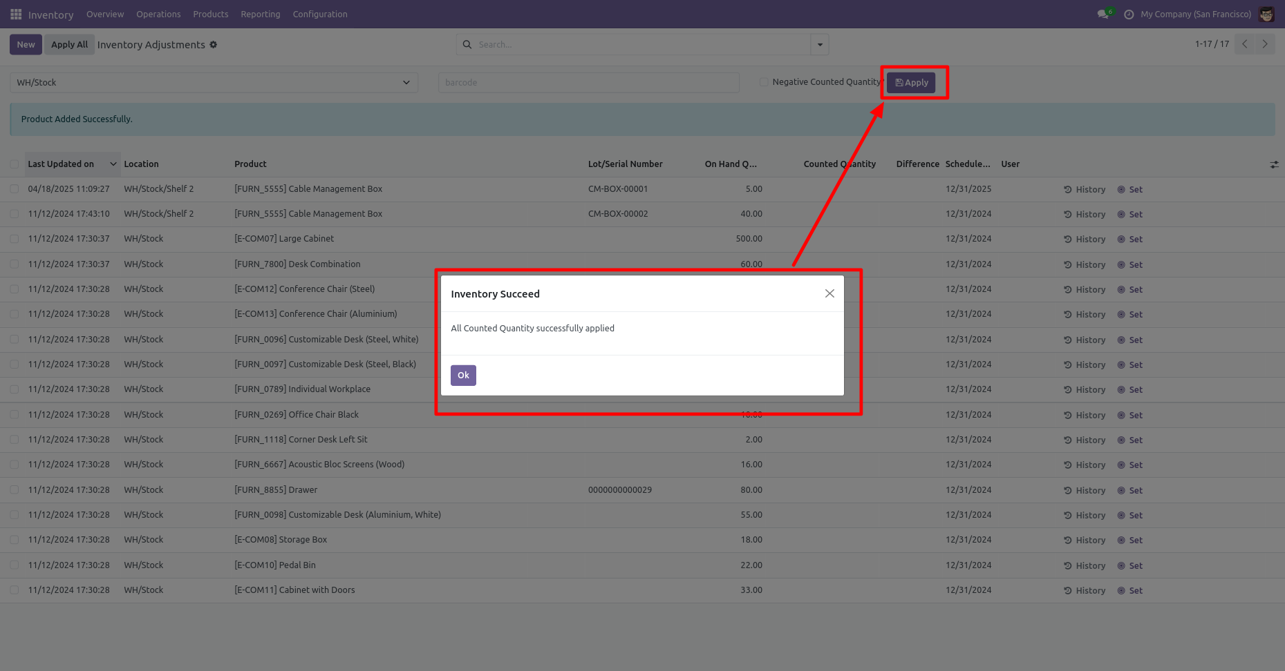 Success message after applying counted quantity in inventory adjustment
