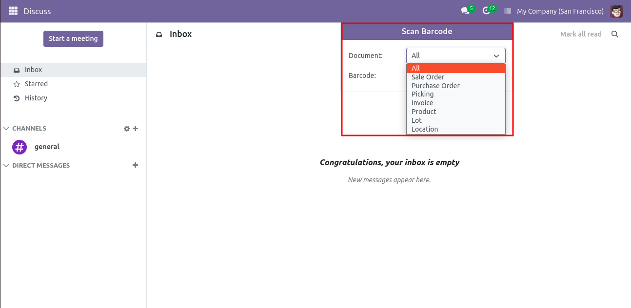Scan Barcode popup with document type options in Discuss