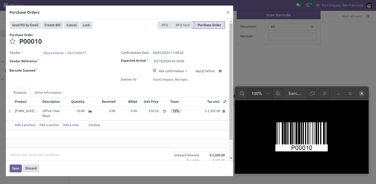 Scanning barcode opens matching purchase order
