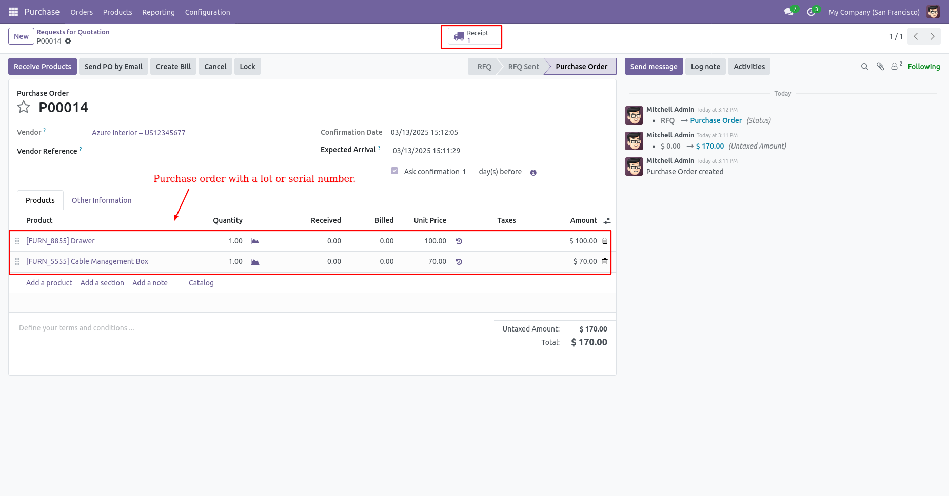 Purchase order with a product tracked by lot number