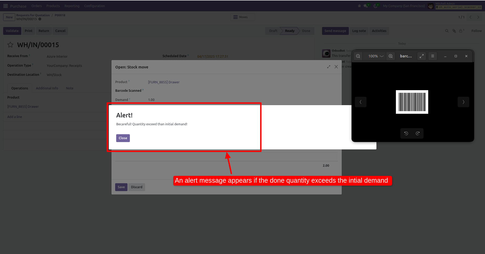 Alert shown when scanned quantity exceeds initial demand