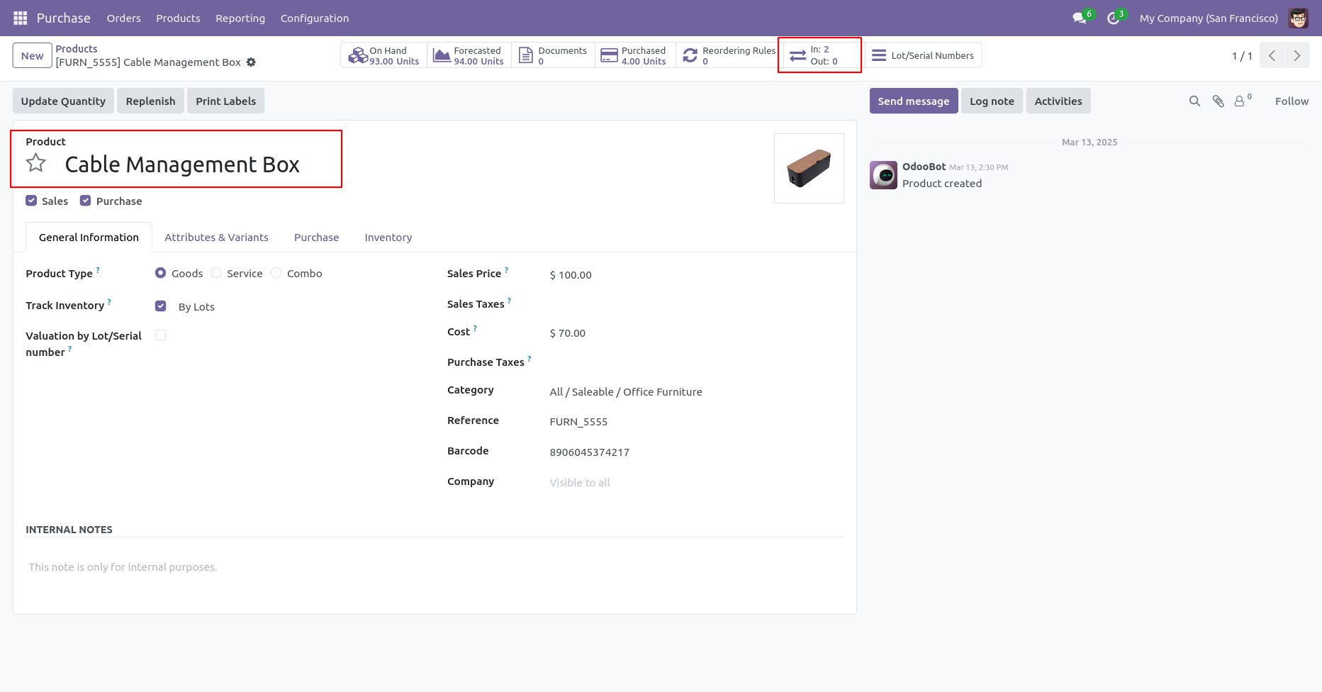 Product with lot tracking showing in and out quantity