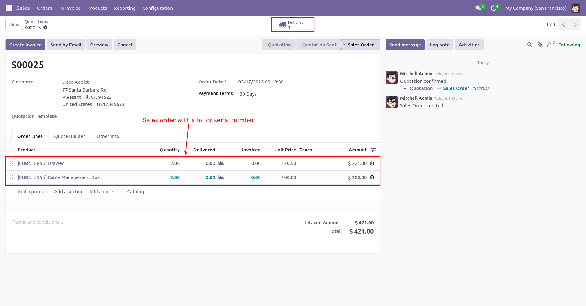 Lot number history showing quantity updates