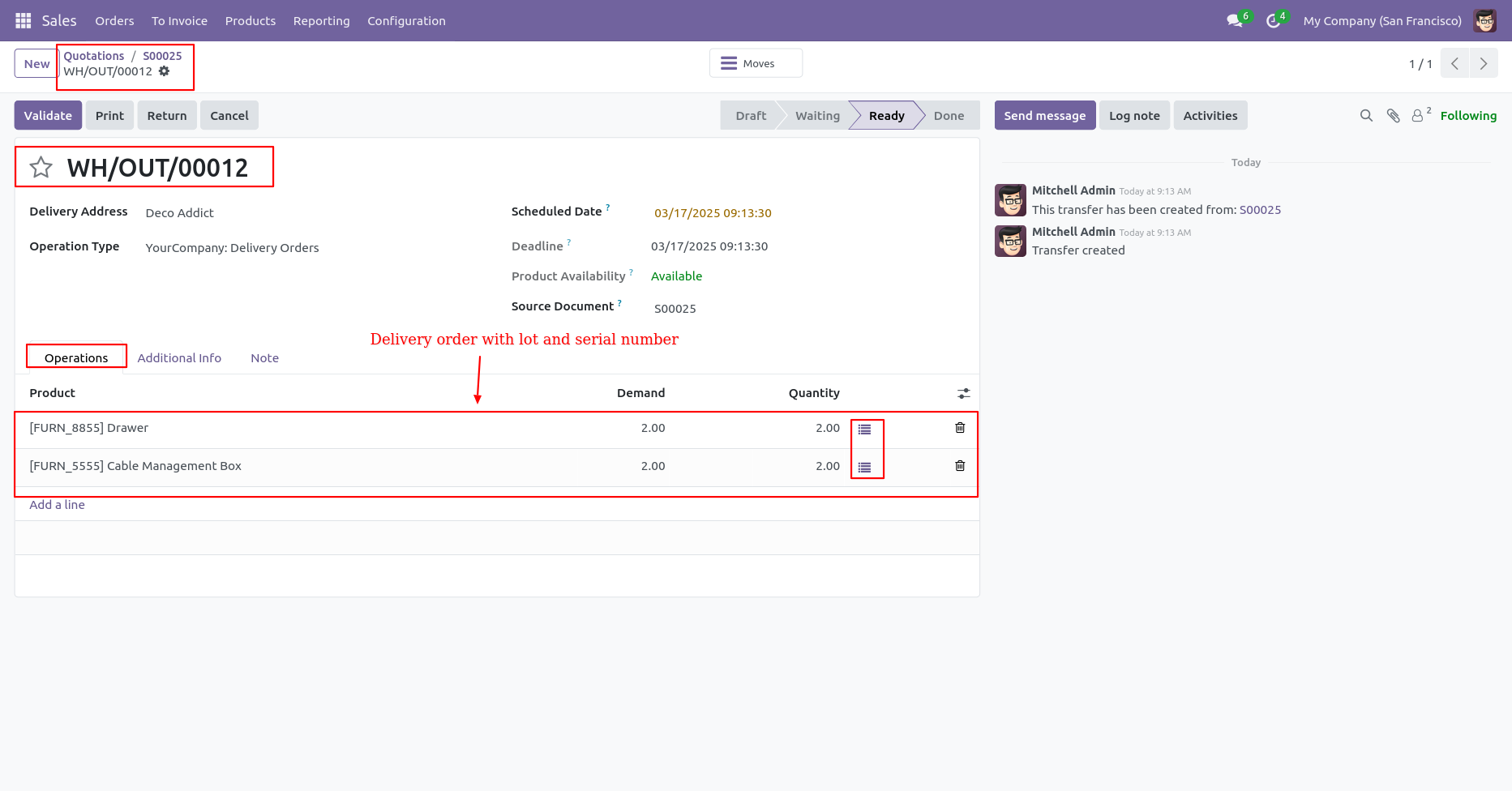 Delivery order showing product with lot and serial number