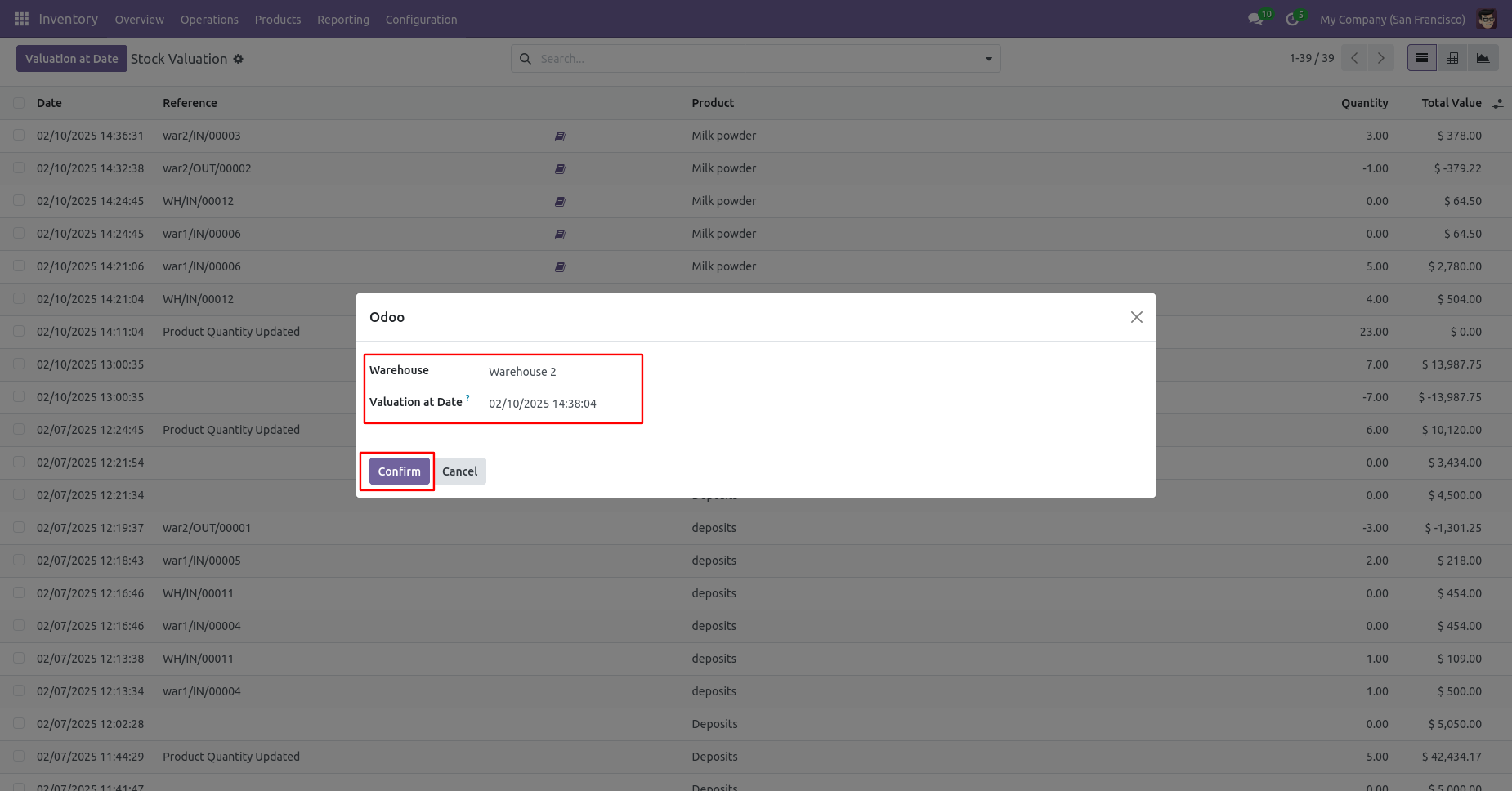Select Valuation Date and Warehouse and click on Confirm