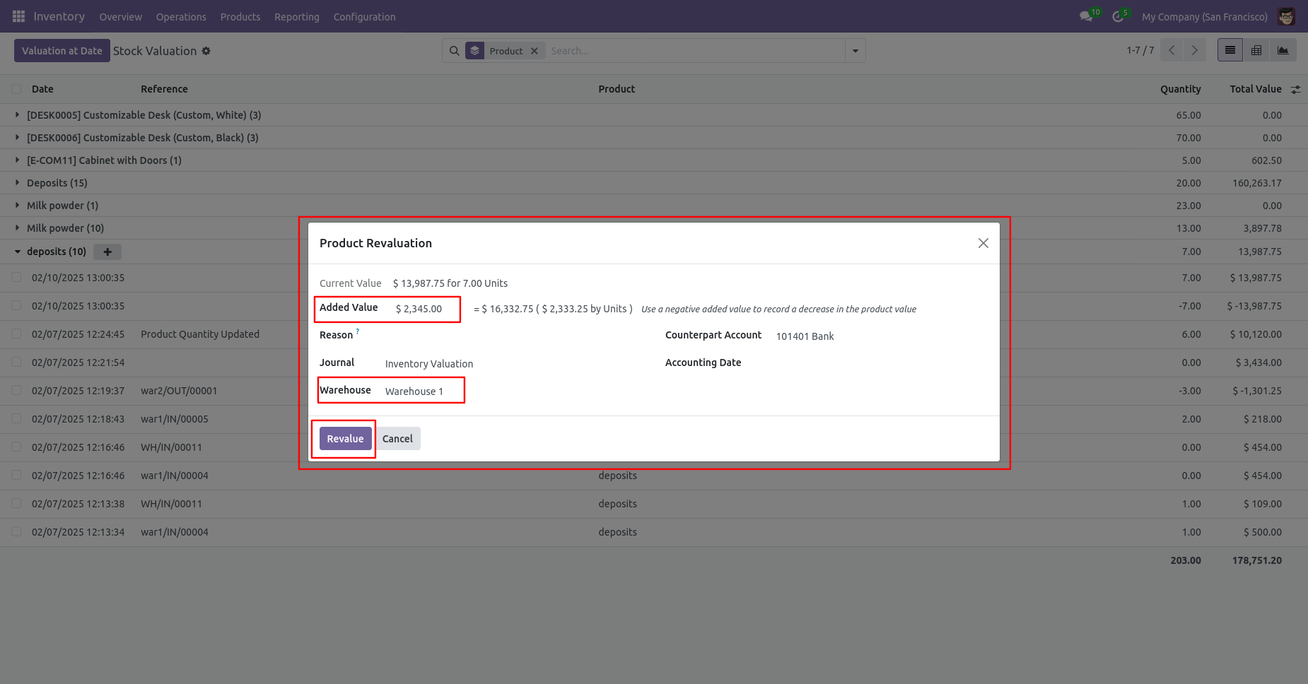 Warehouse Name Visible in Product Revaluation Wizard