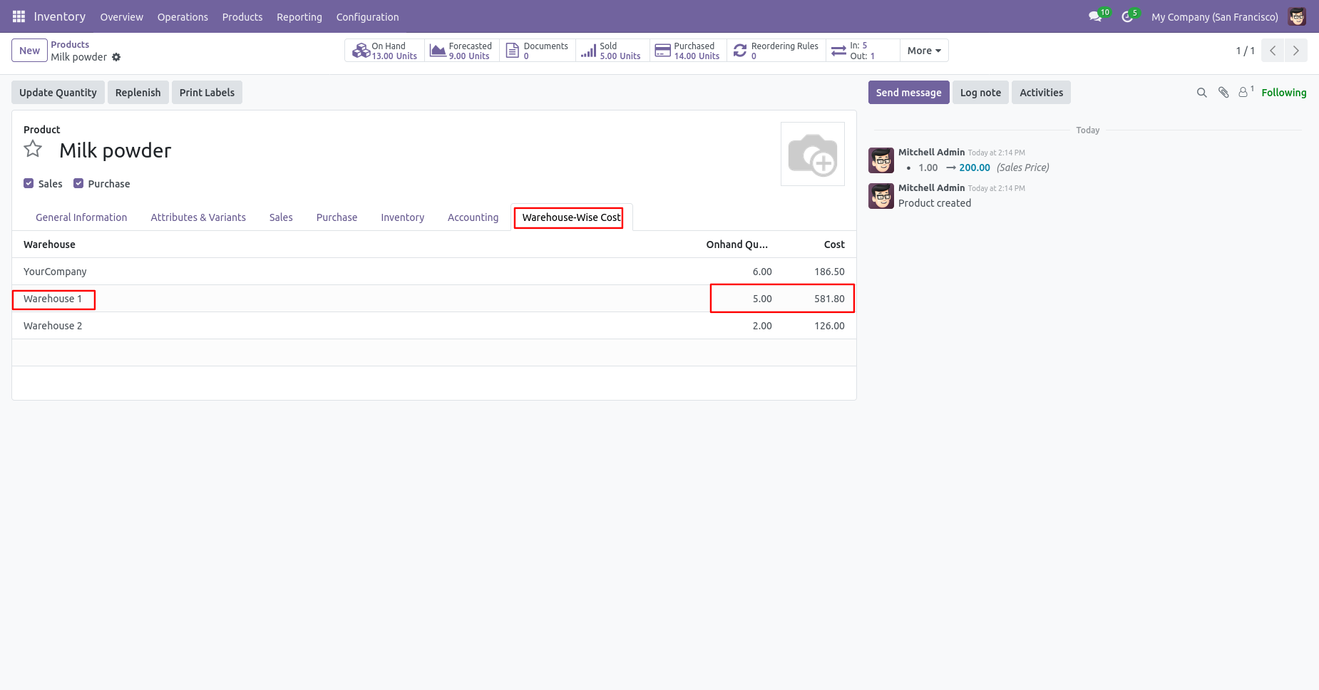 Product Form View with Warehouse, On-Hand Quantity and Cost