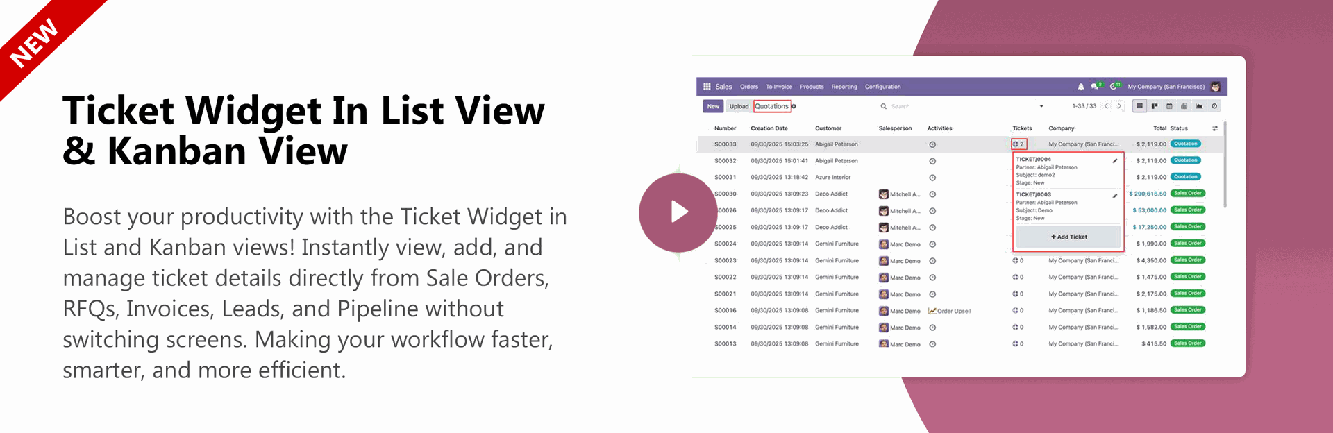Ticket Widget In List View & Kanban View