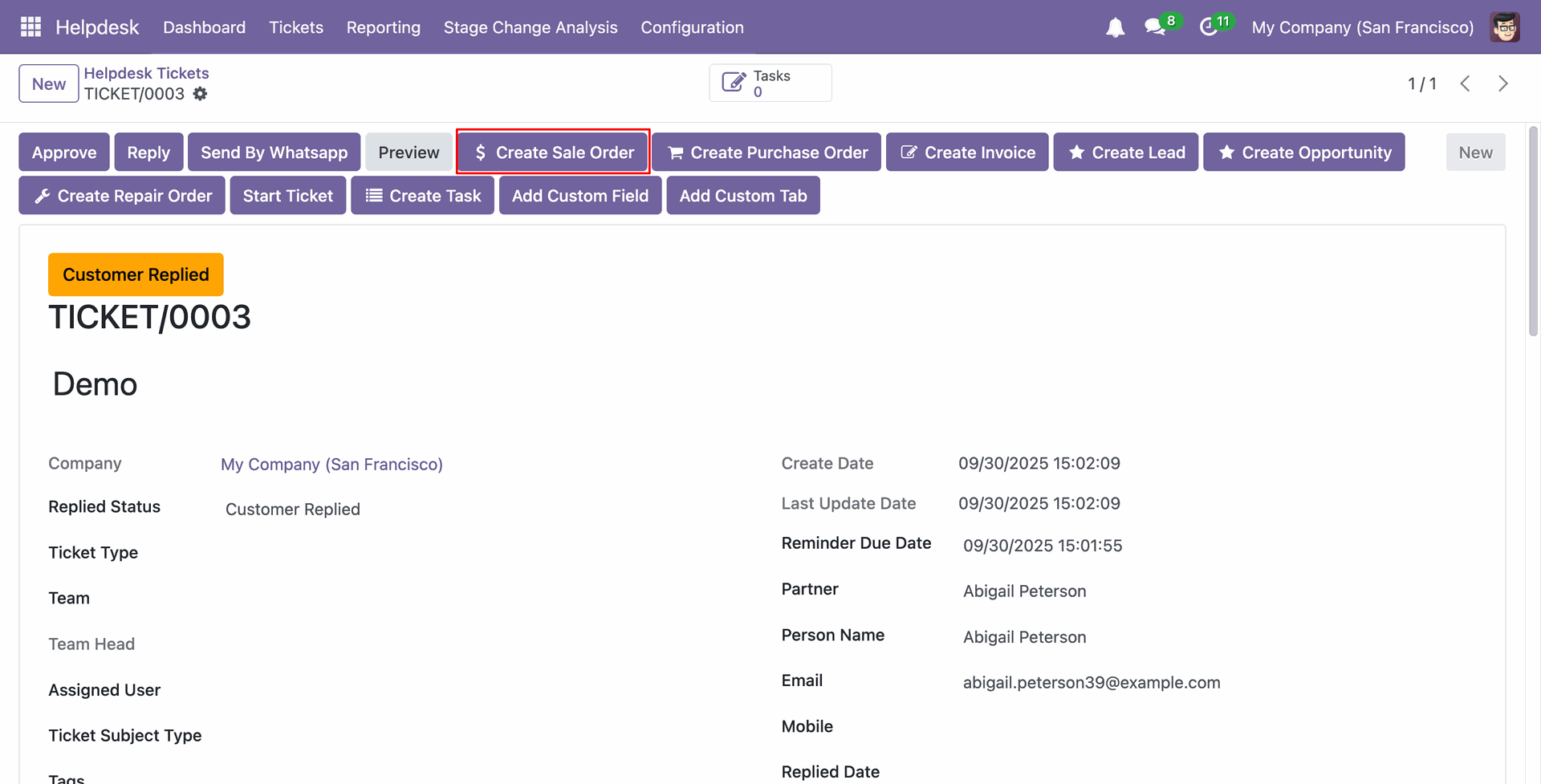 Create a new Sale Order from the Helpdesk system