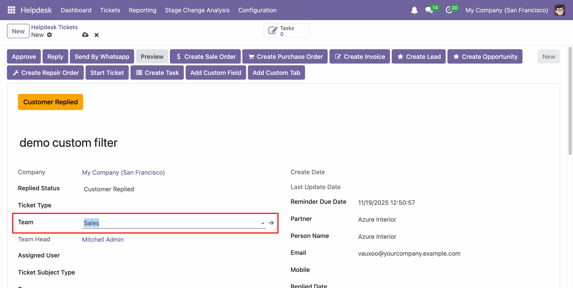 Select the Helpdesk team for automatic assignment