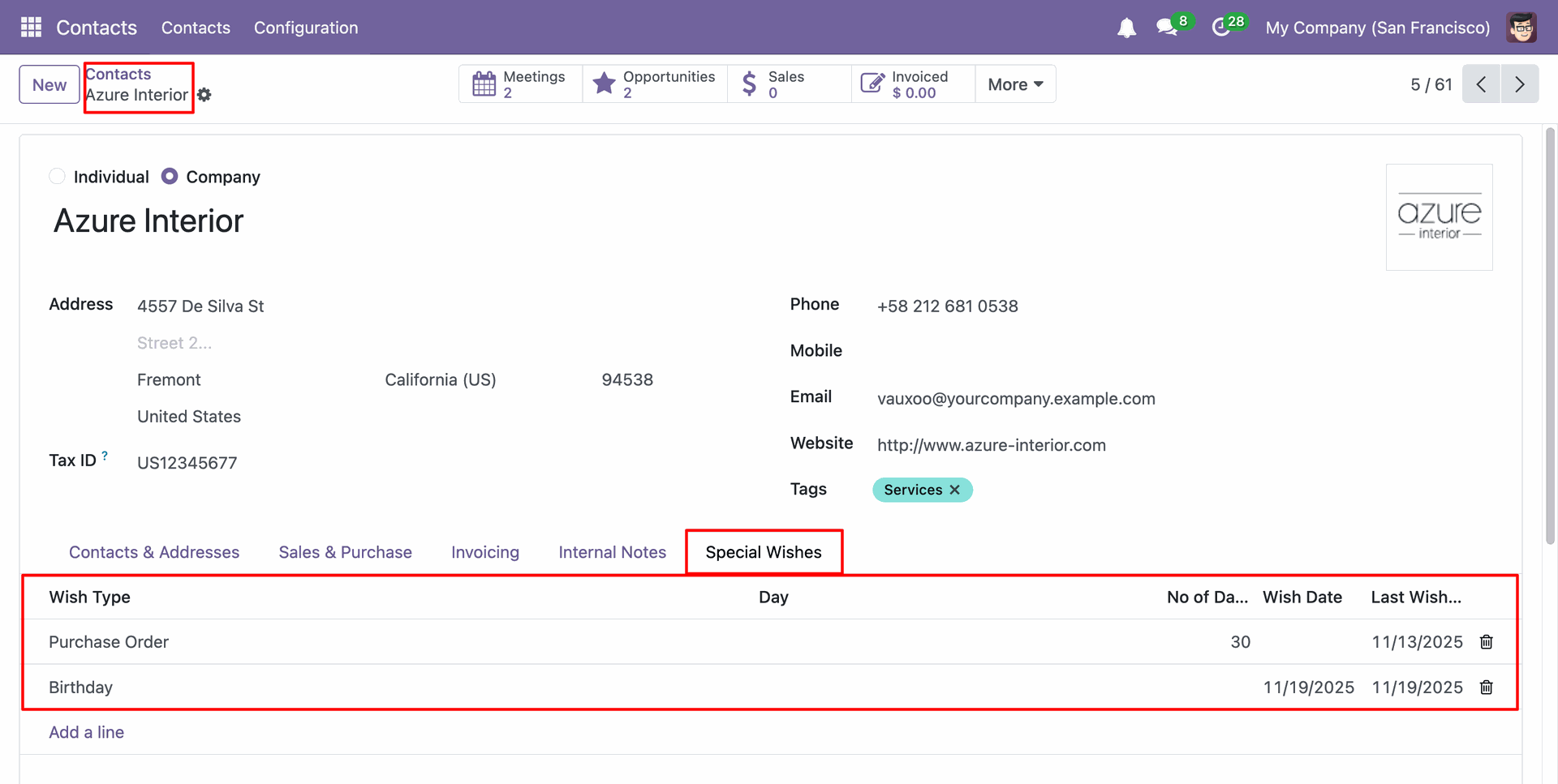 Wish Type details in the Special Wishes tab of a contact