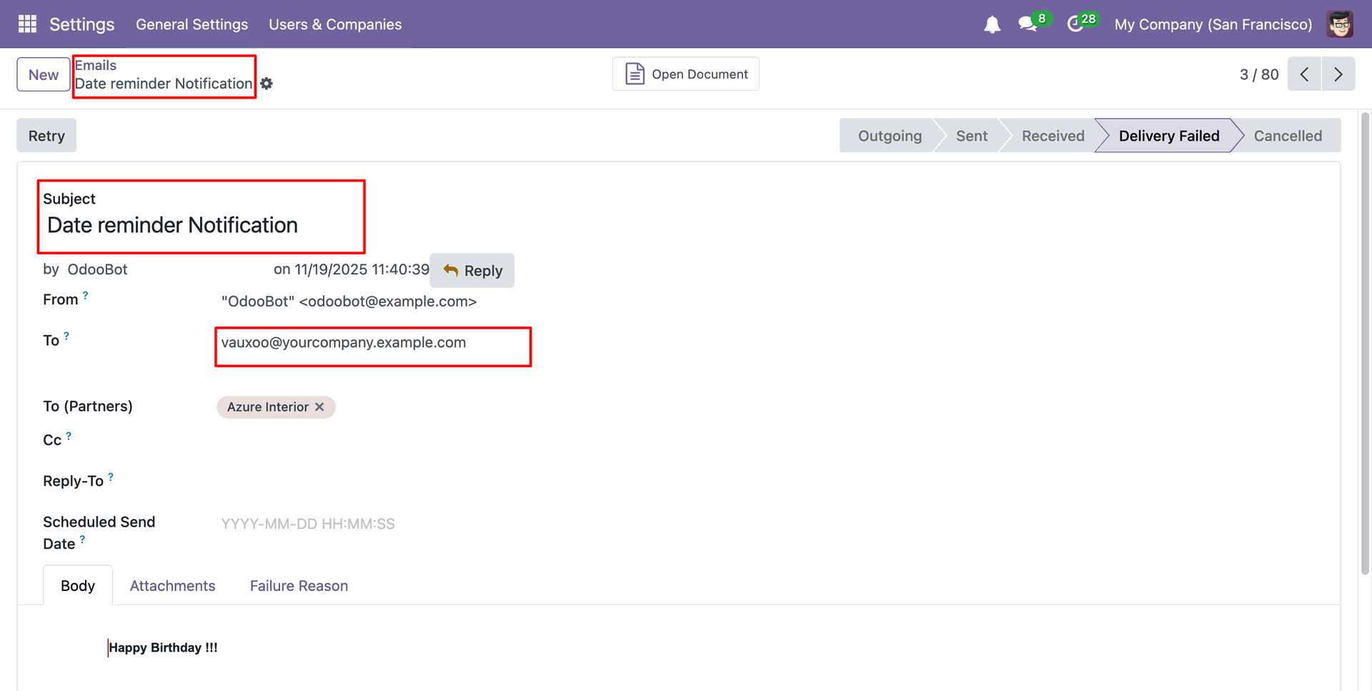 Wish Reminder email form view