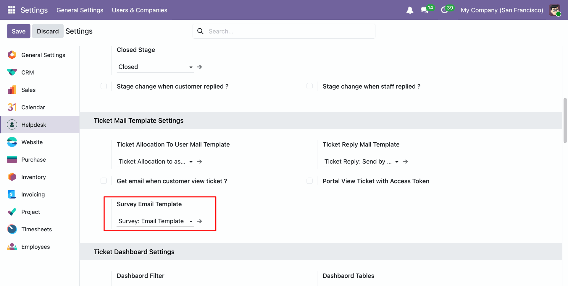 Select the survey email template in Helpdesk settings