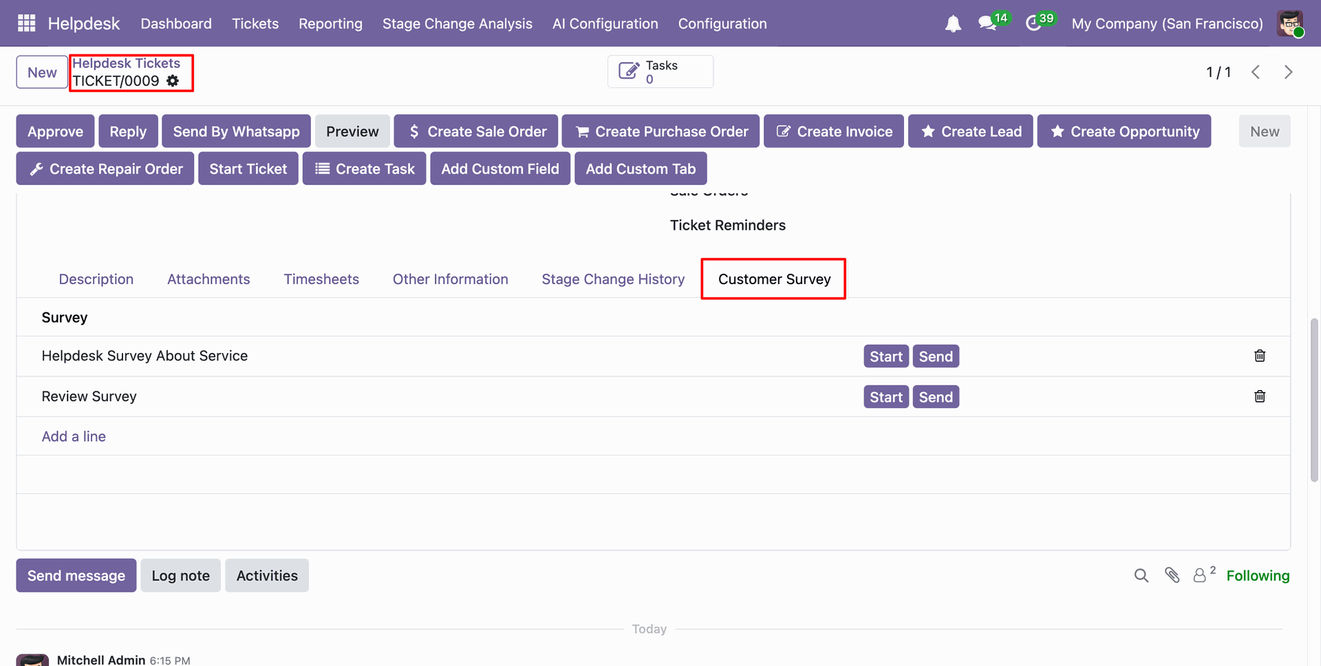 Select a customer survey from the Helpdesk ticket form