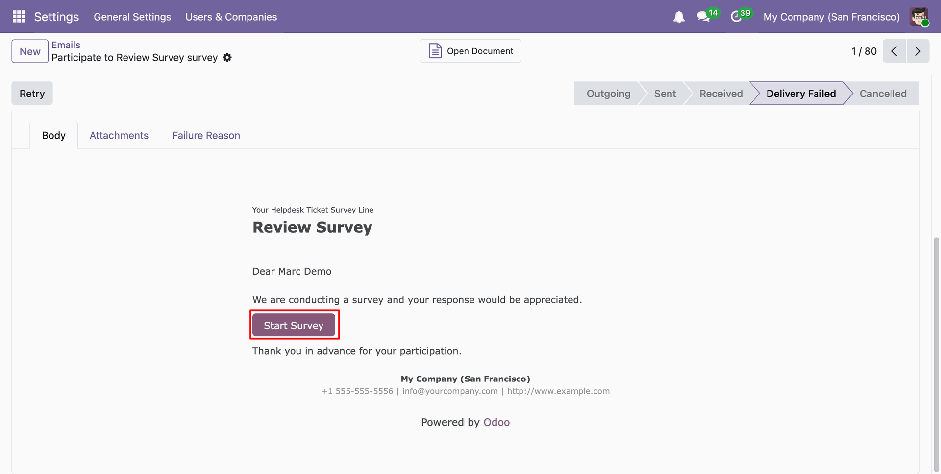 Helpdesk survey email with Start Survey button