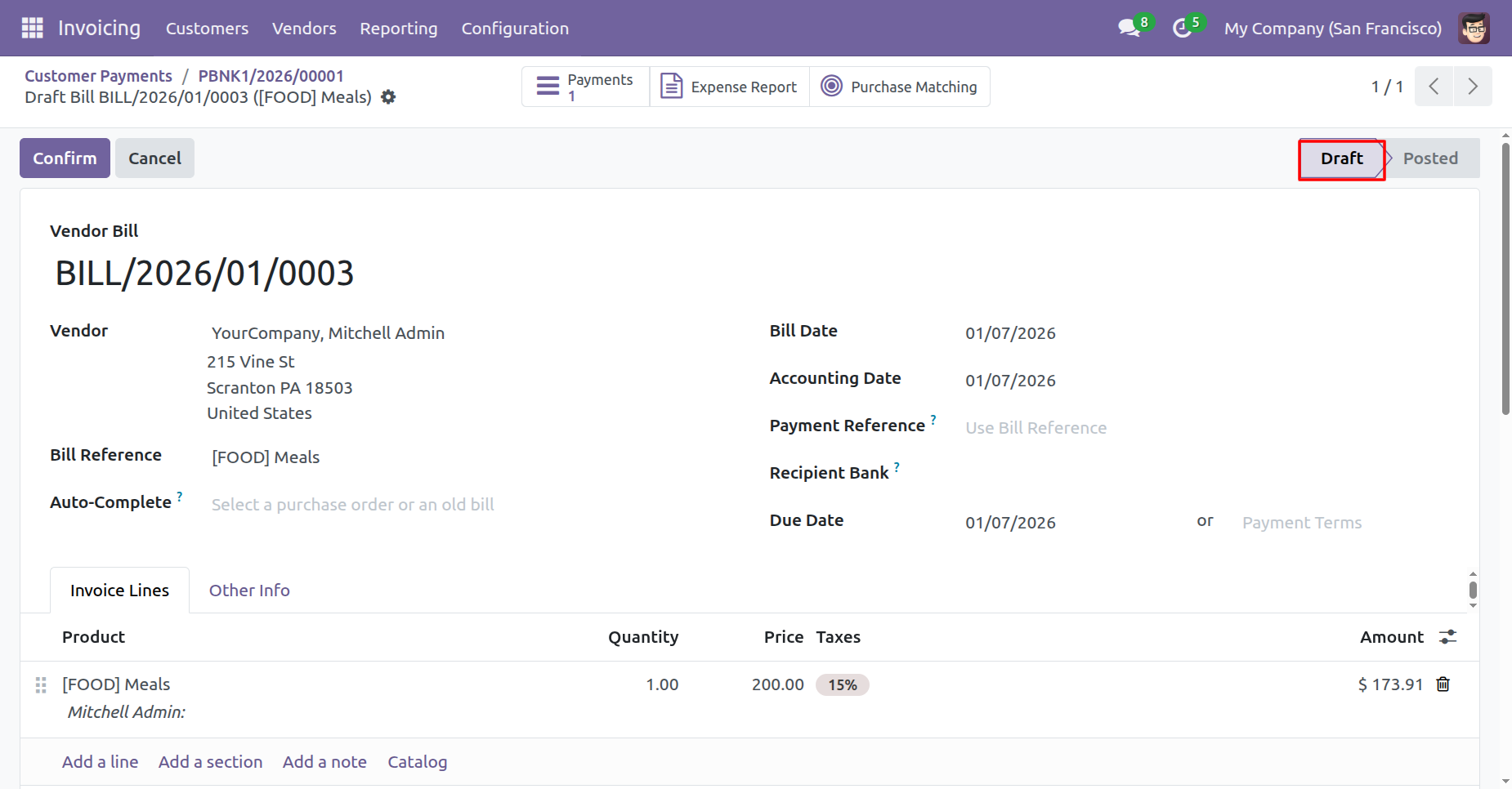 Draft vendor bill with payment details