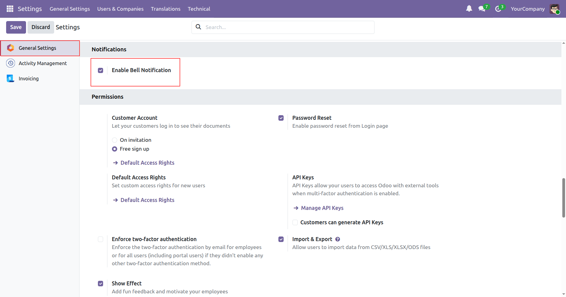 Bell notification settings