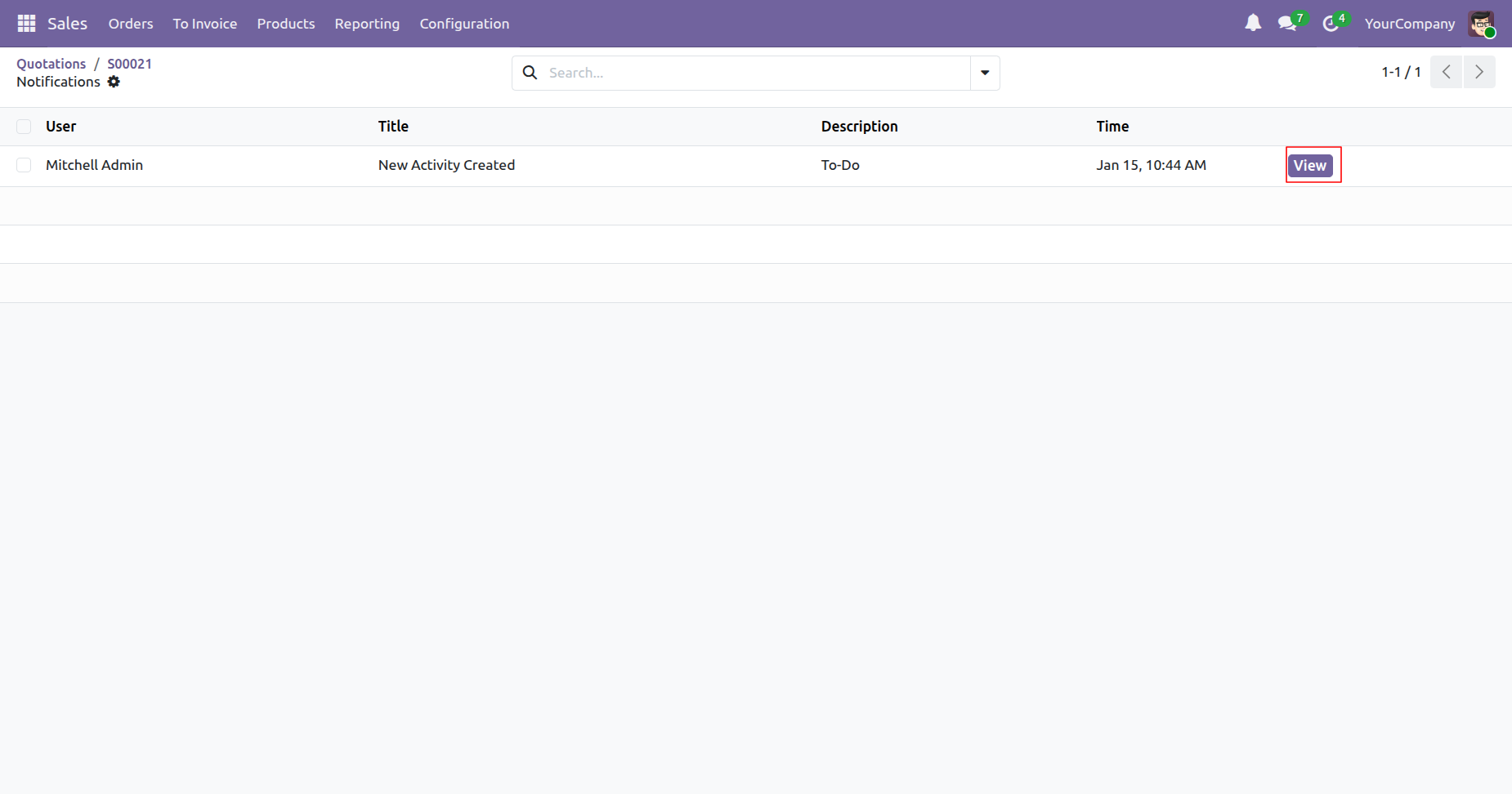 Bell notification tree view