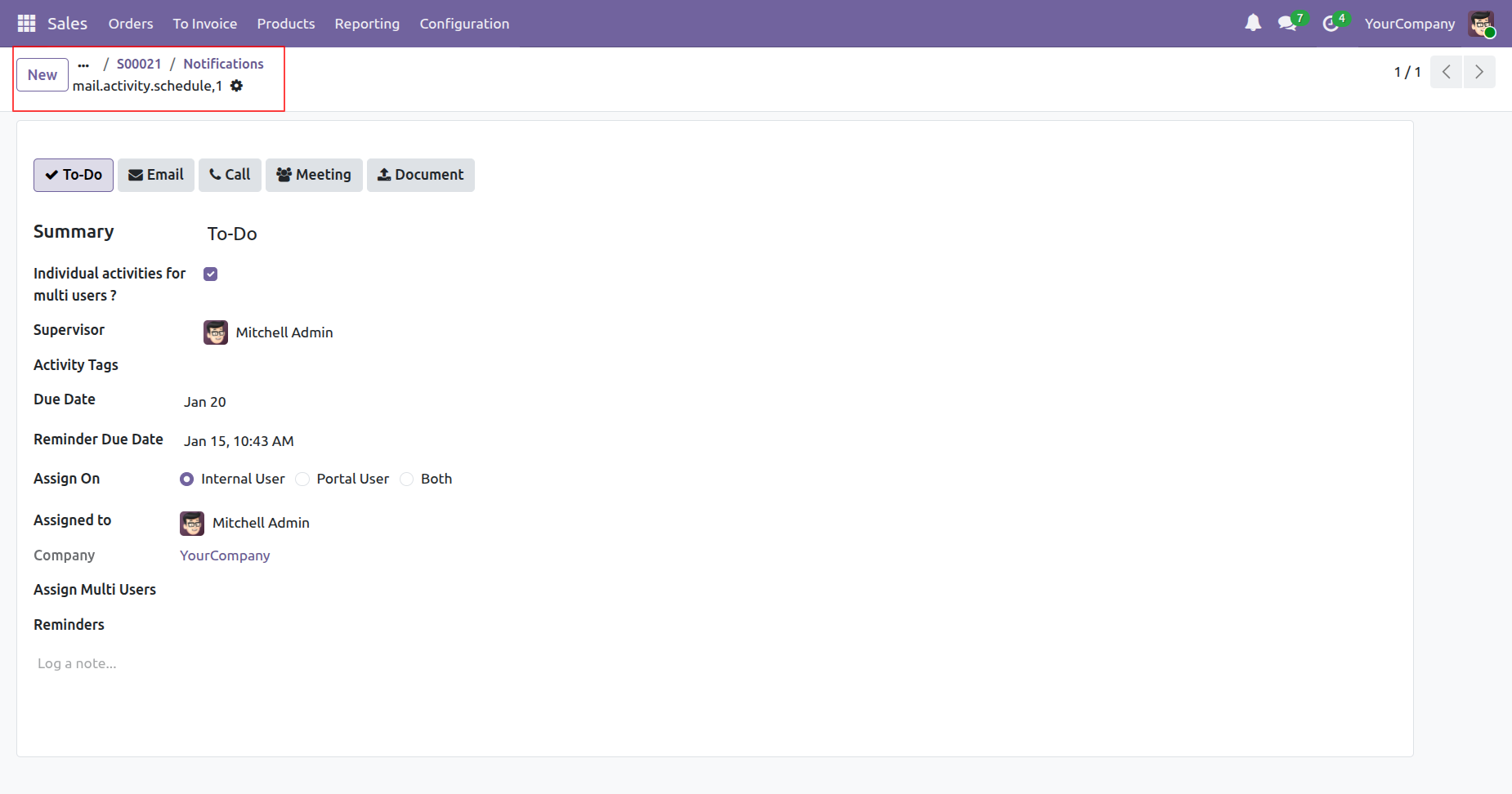 Bell notification form view