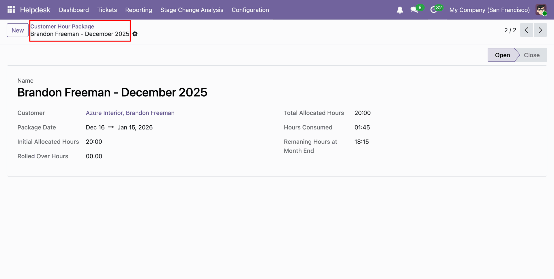 Customer Hour Package form view