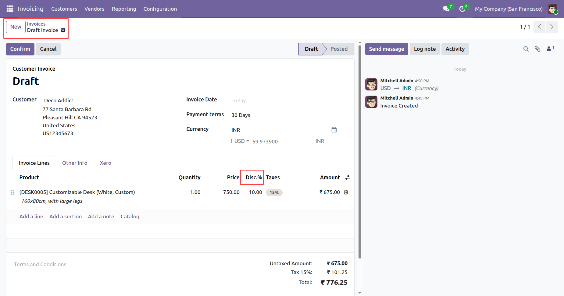 Draft invoice with line item discount in Odoo