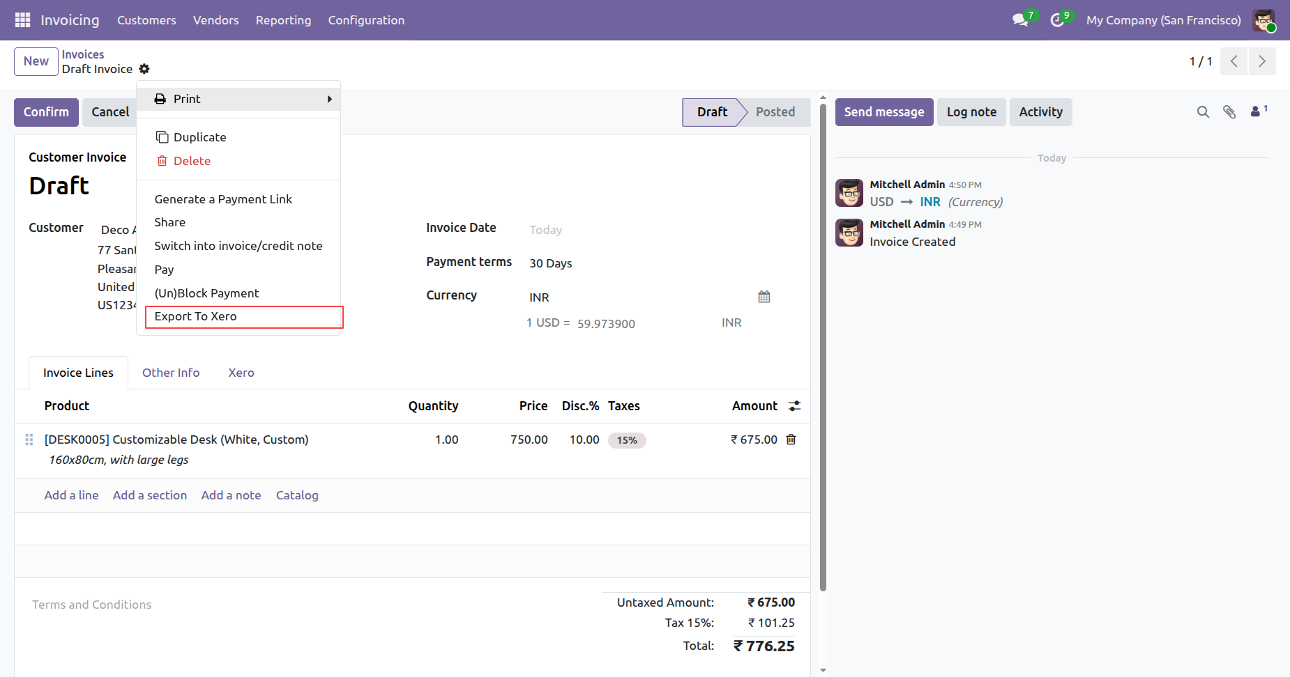 Export To Xero option in invoice with discount