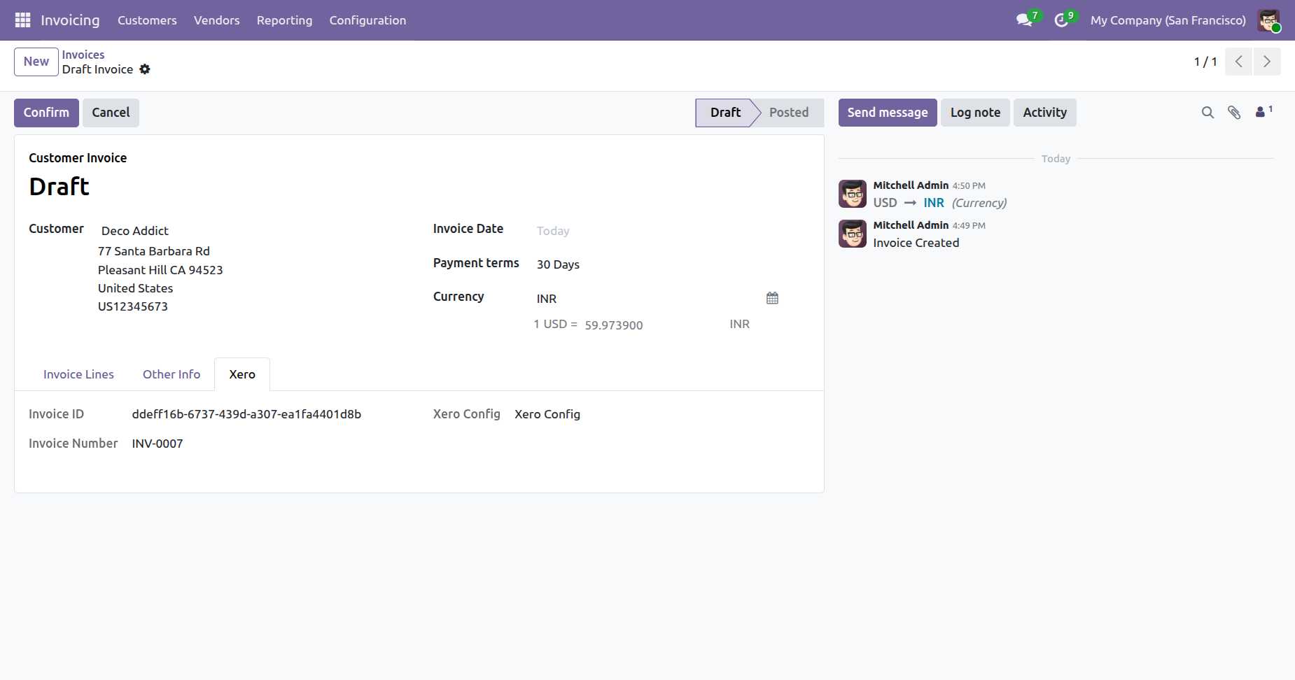 Xero tab details in Odoo invoice