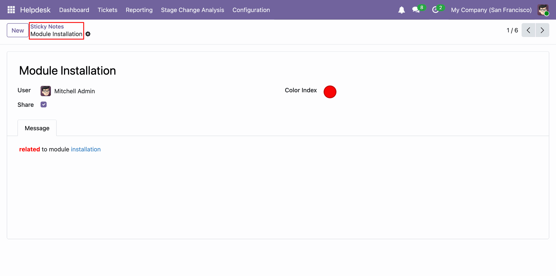 Sticky Note form showing user and note details
