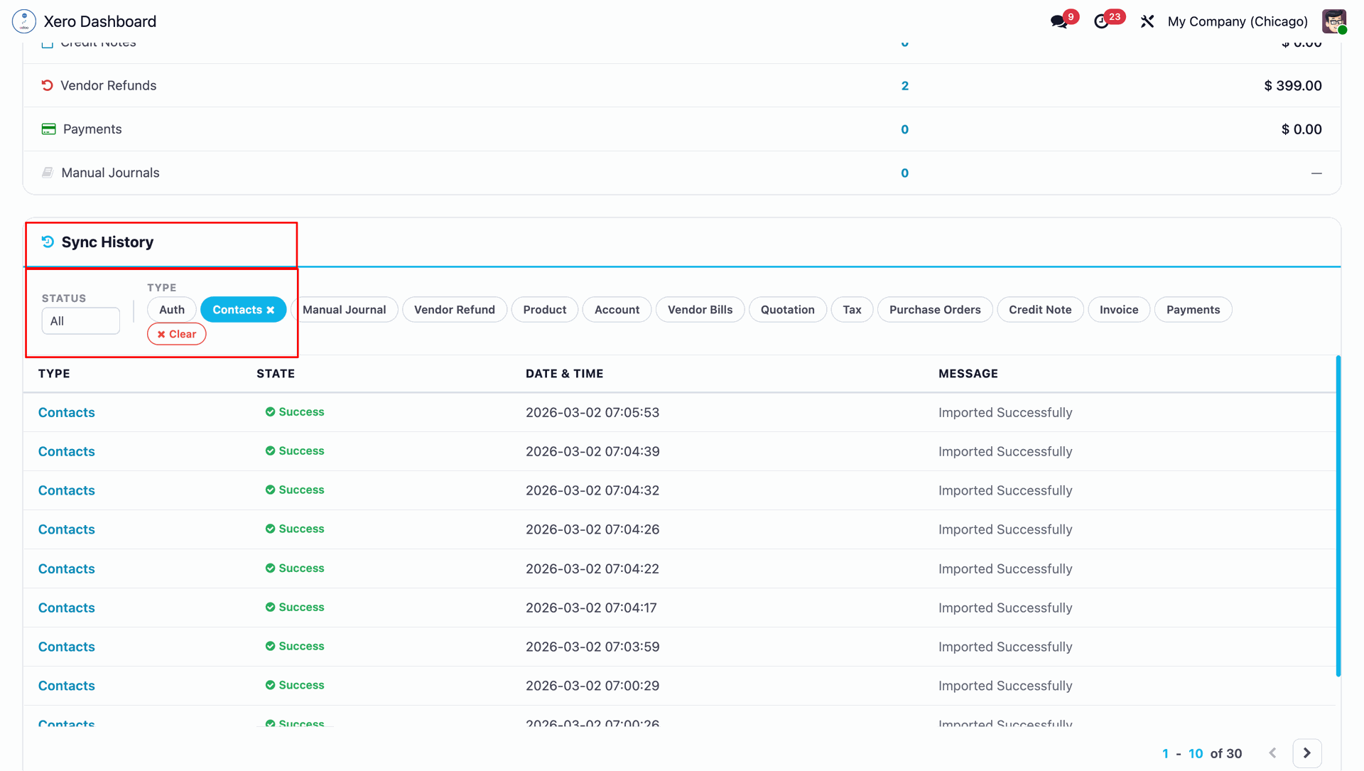 Sync history log in Xero Dashboard