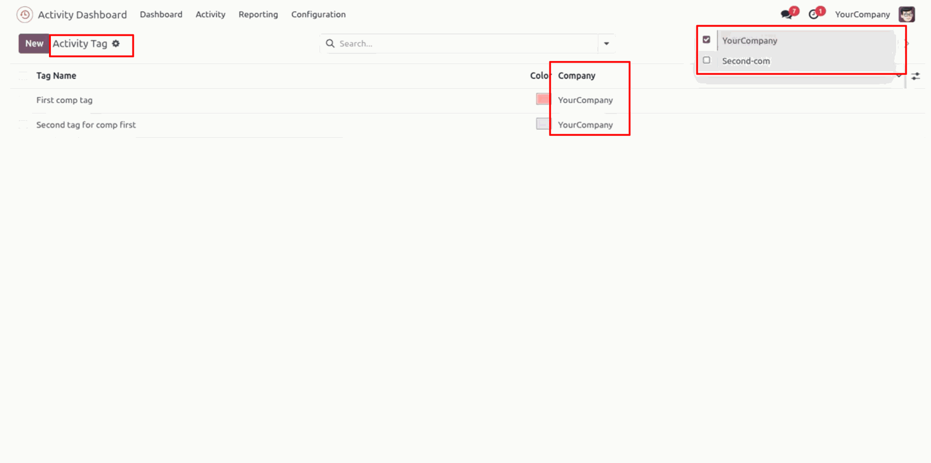 Activity tags with multi-company support