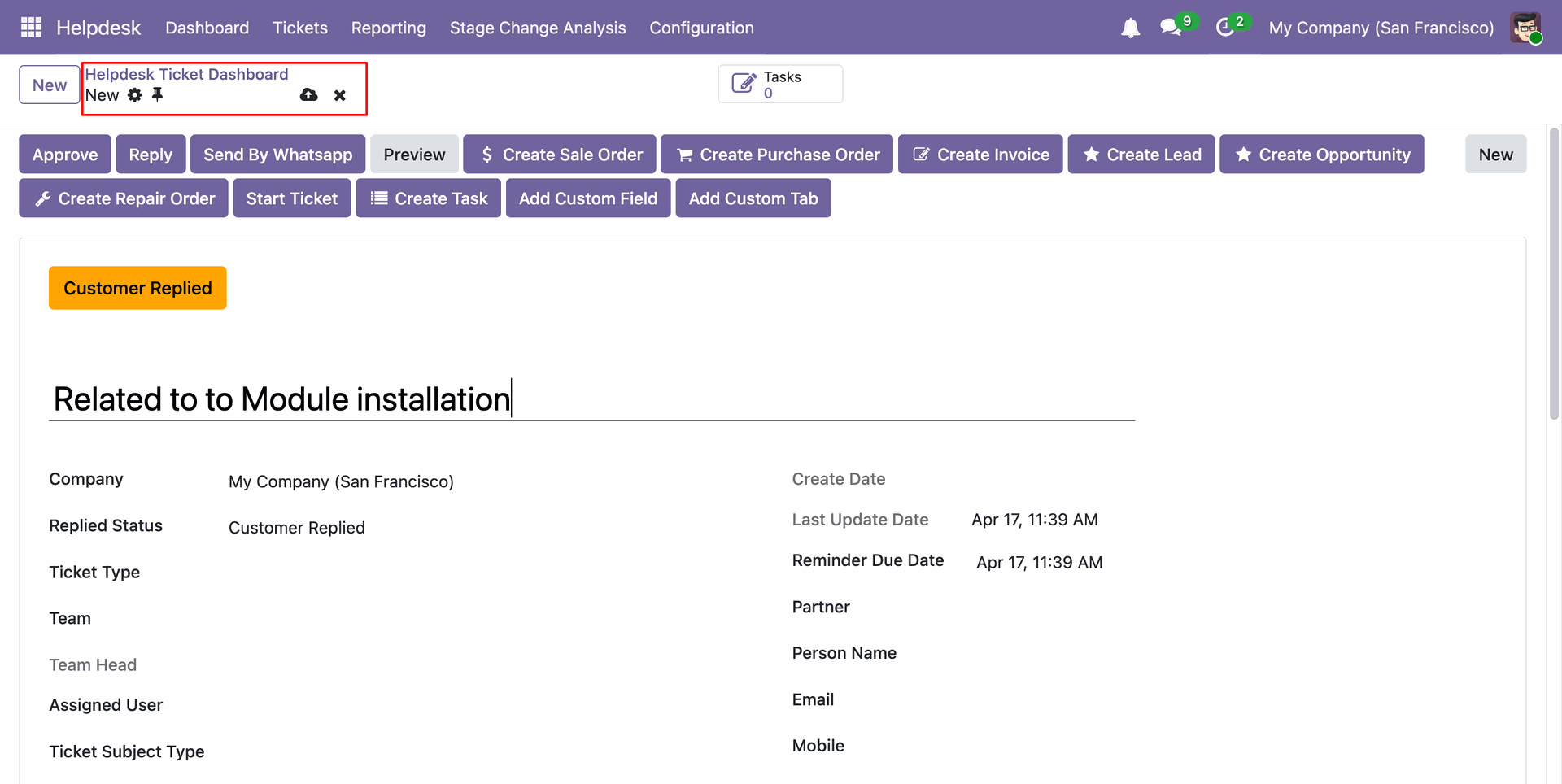 New Helpdesk ticket form with ticket details entered