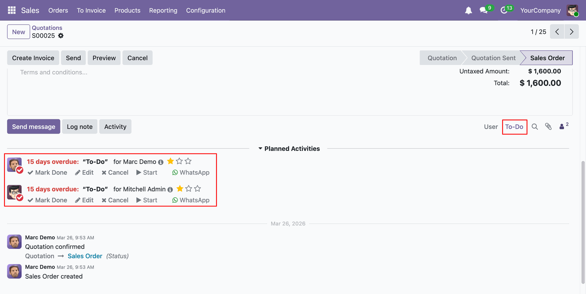 View activities filtered by the selected To-Do activity type.