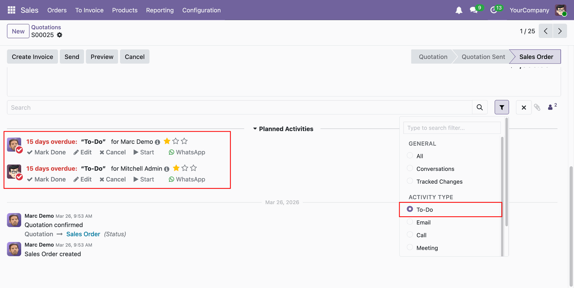 Filter activities by the selected To-Do activity type.