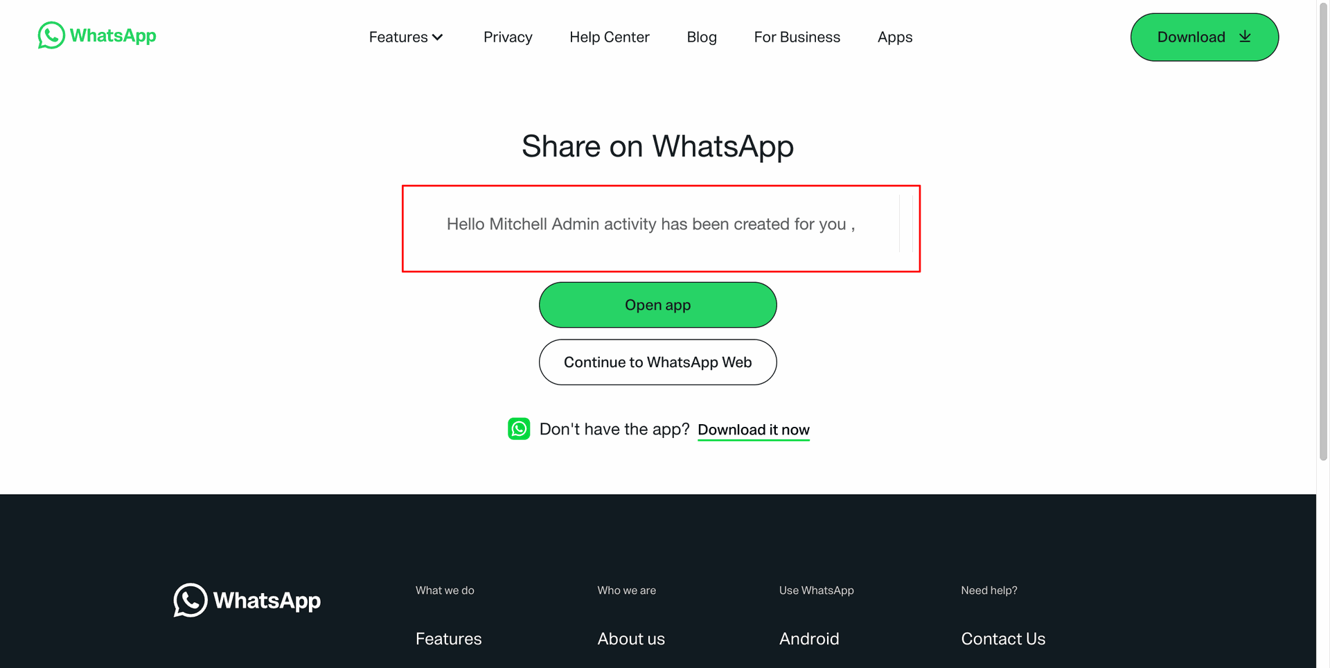 Activity message displayed on WhatsApp with sharing options.