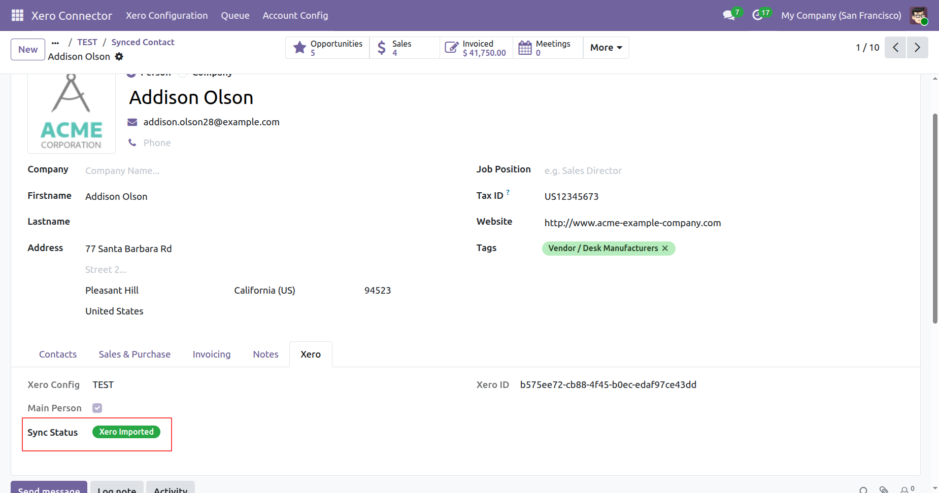 Xero Imported sync status tag in Odoo contact