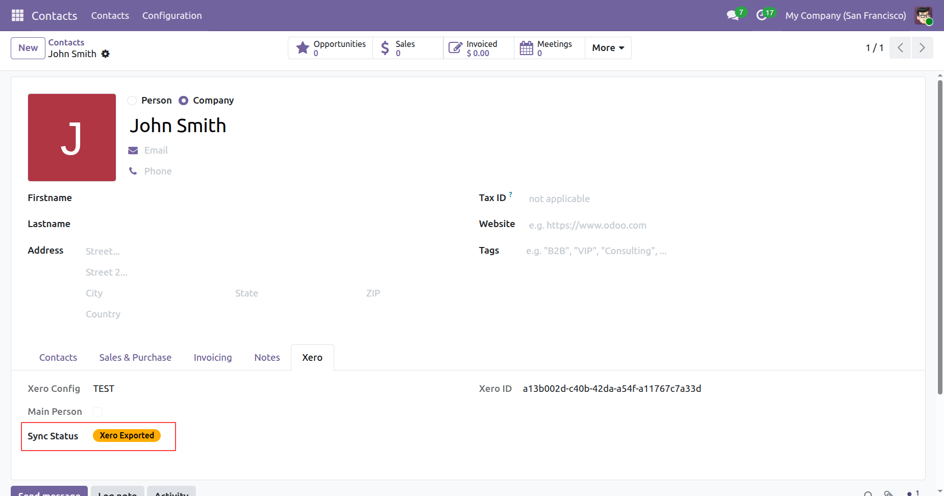 Xero Exported sync status tag in Odoo contact