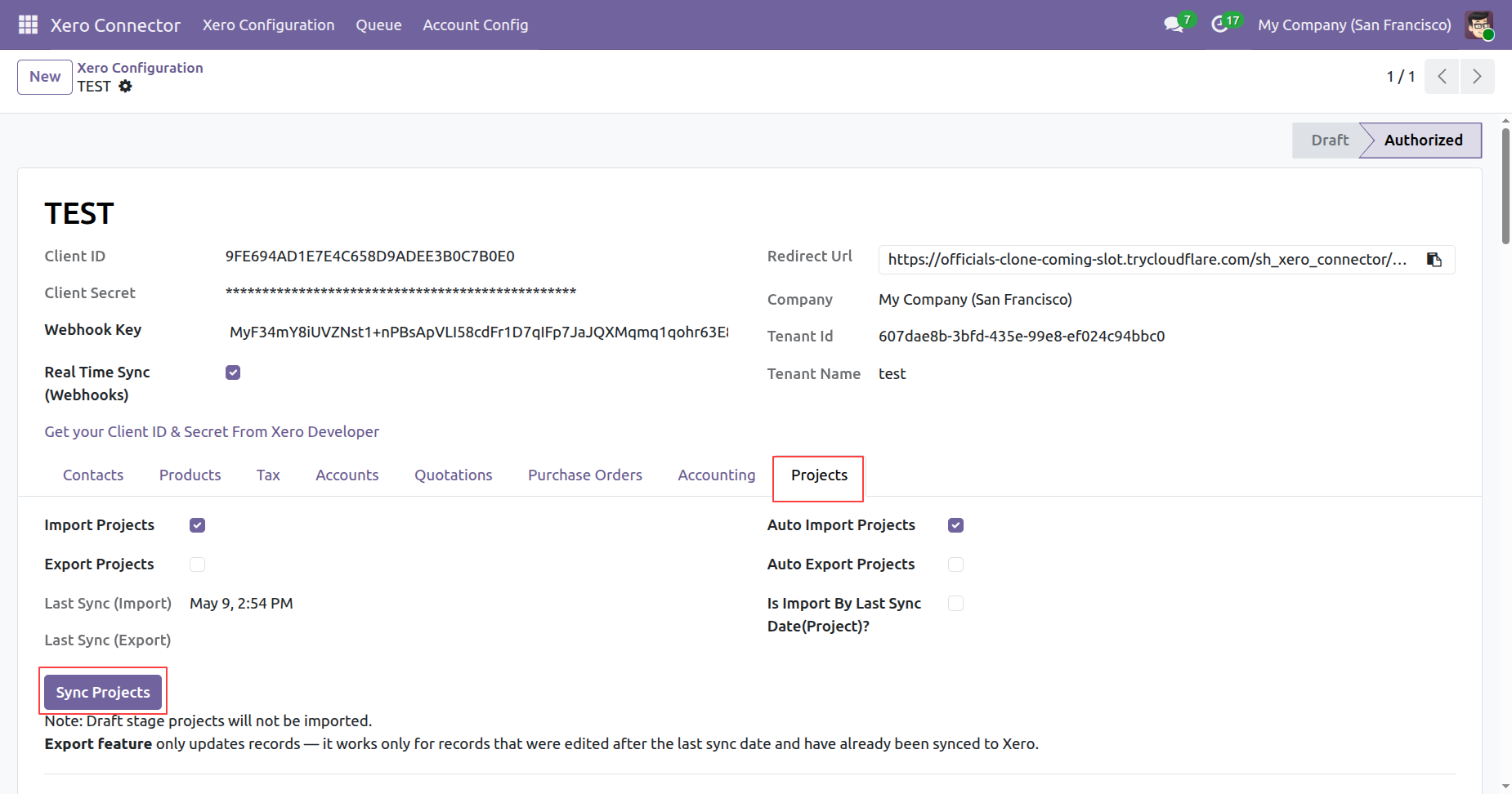 Enable Project sync settings in Xero Configuration